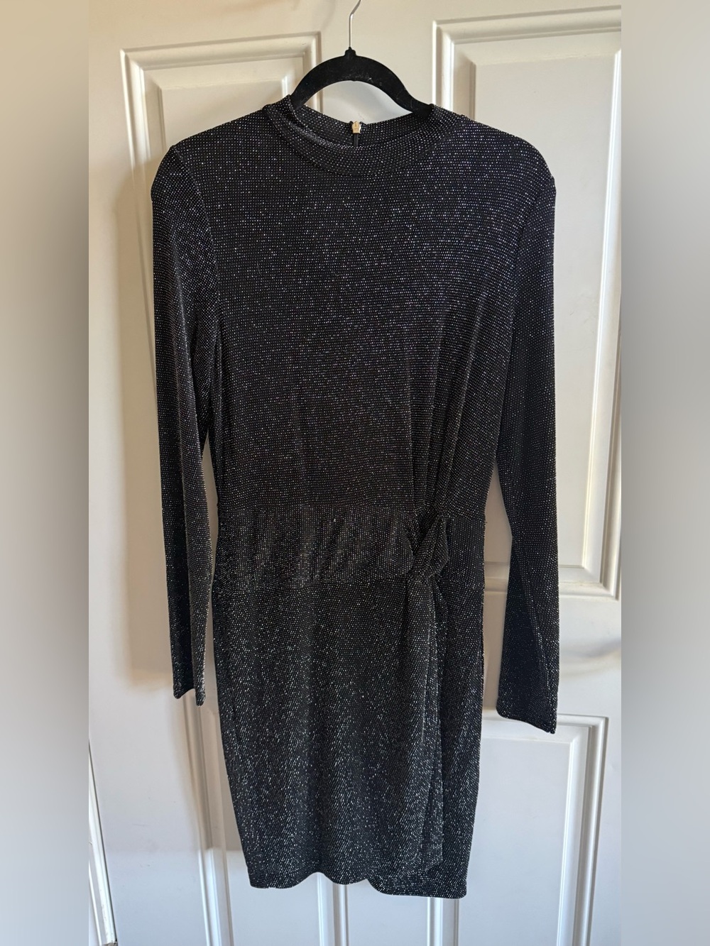 Michael Kors Black Sparkle Long-Sleeve Knot Waist Dress